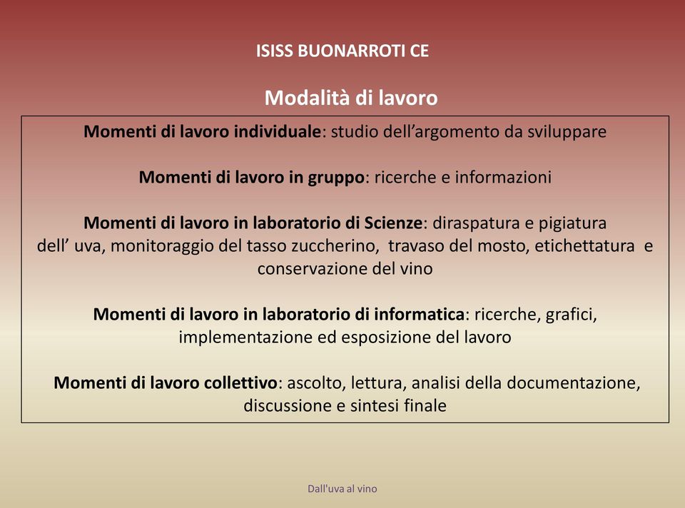 travaso del mosto, etichettatura e conservazione del vino Momenti di lavoro in laboratorio di informatica: ricerche, grafici,