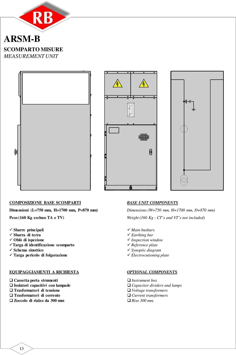 folgorazione Main busbars Earthing bar Inspection window Reference plate Synoptic diagram Electrocutioning plate EQUIPAGGIAMENTI A RICHIESTA Cassetta porta strumenti Isolatori capacitivi con