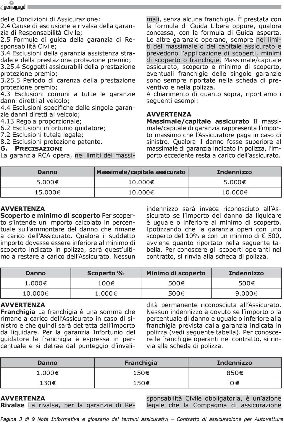 3 Esclusioni comuni a tutte le garanzie danni diretti al veicolo; 4.4 Esclusioni specifiche delle singole garanzie danni diretti al veicolo; 4.13 Regola proporzionale; 6.