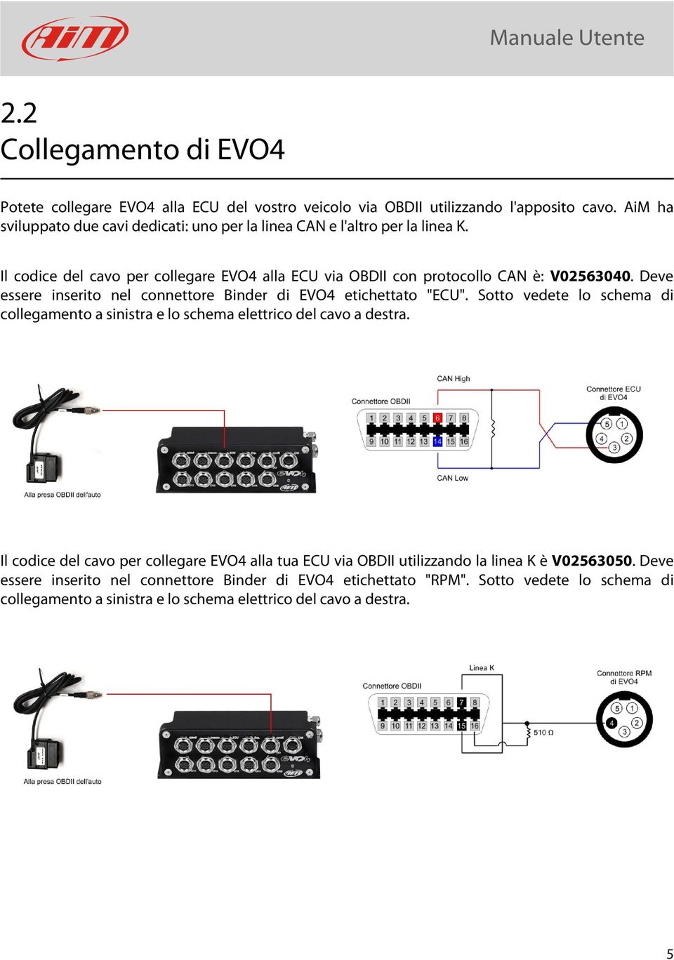 Deve essere inserito nel connettore Binder di EVO4 etichettato "ECU". Sotto vedete lo schema di collegamento a sinistra e lo schema elettrico del cavo a destra.