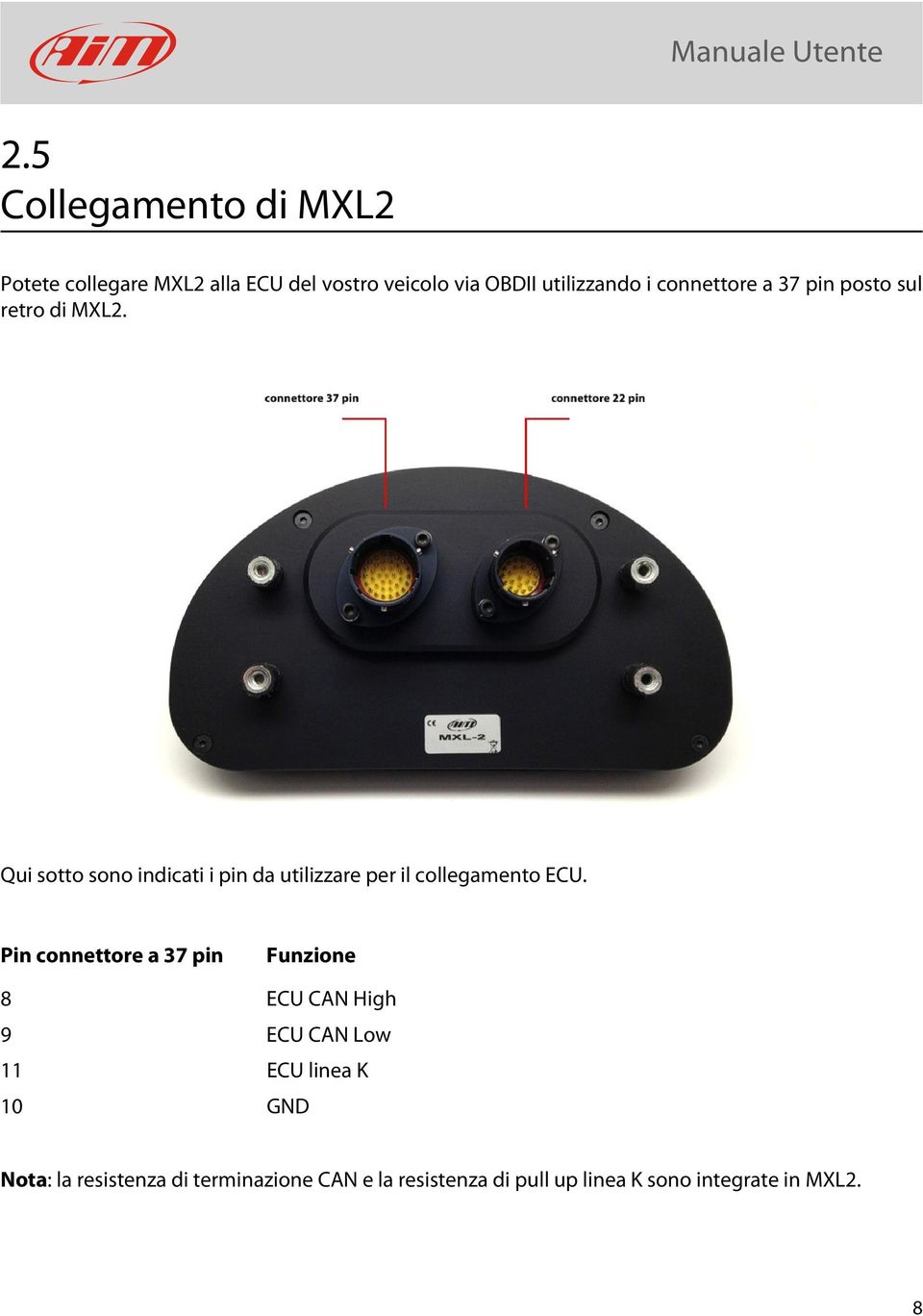 Qui sotto sono indicati i pin da utilizzare per il collegamento ECU.