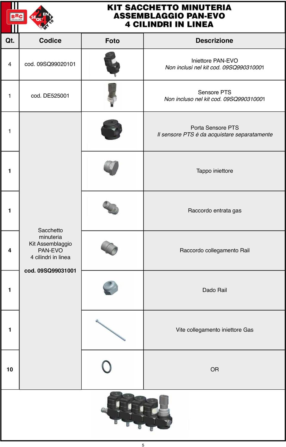 09SQ990310001 1 Porta Sensore PTS Il sensore PTS è da acquistare separatamente 1 Tappo iniettore 1 Raccordo entrata gas 4