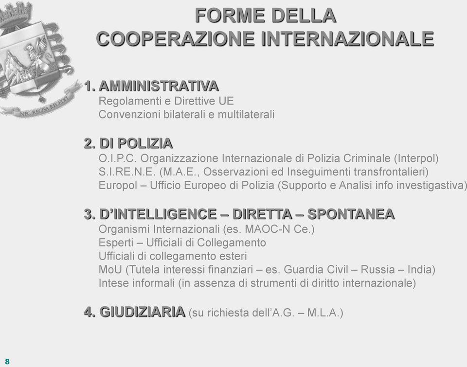 D INTELLIGENCE DIRETTA SPONTANEA Organismi Internazionali (es. MAOC-N Ce.