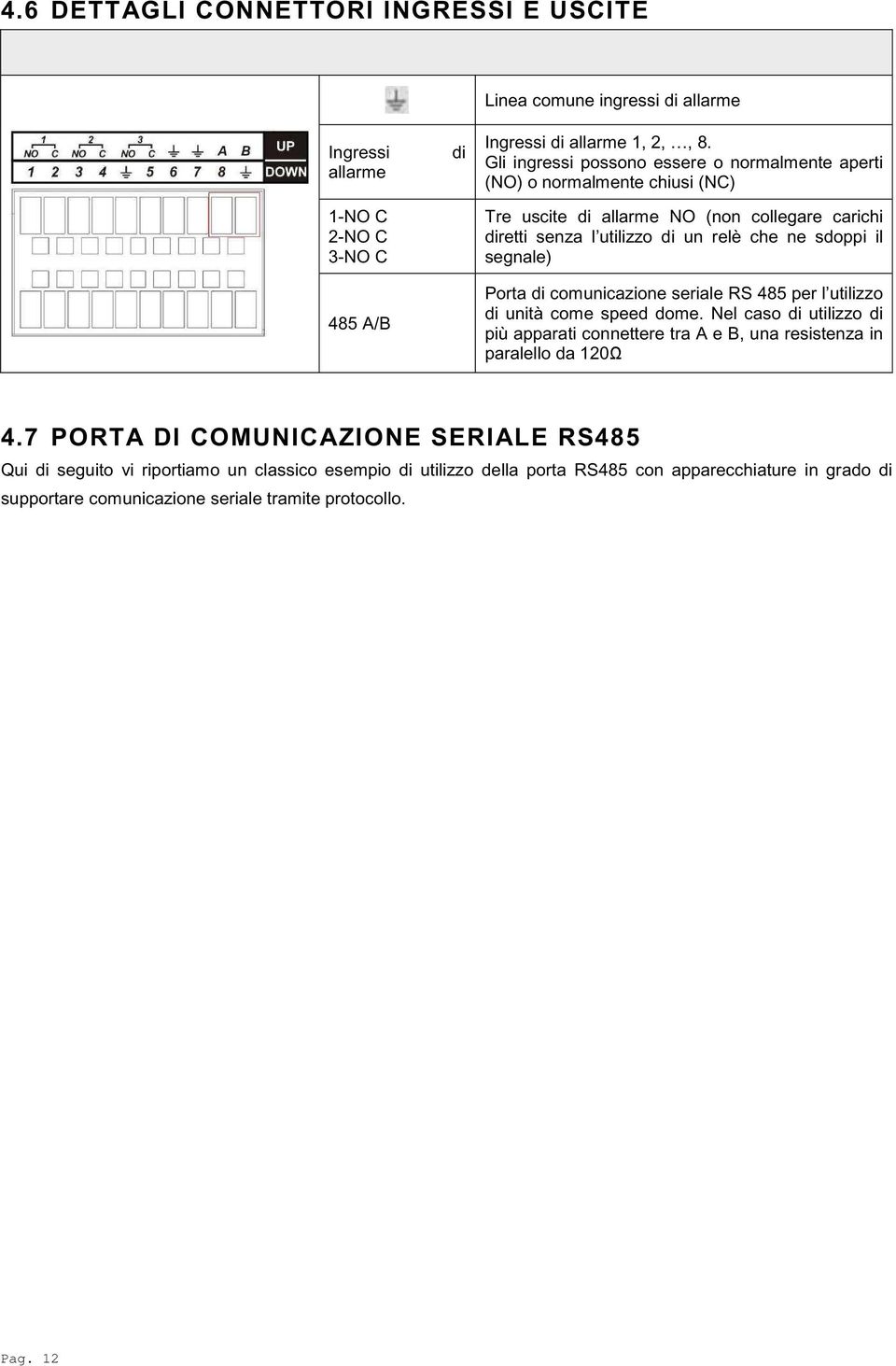 comunicazione seriale RS 485 per l utilizzo di unità come speed dome. Nel caso di utilizzo di più apparati connettere tra A e B, una resistenza in paralello da 120Ω 4.