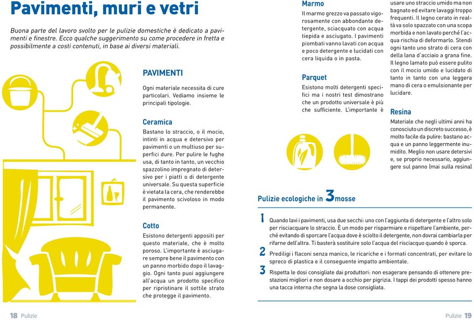 Vediamo insieme le principali tipologie. Ceramica Bastano lo straccio, o il mocio, intinti in acqua e detersivo per pavimenti o un multiuso per superfici dure.