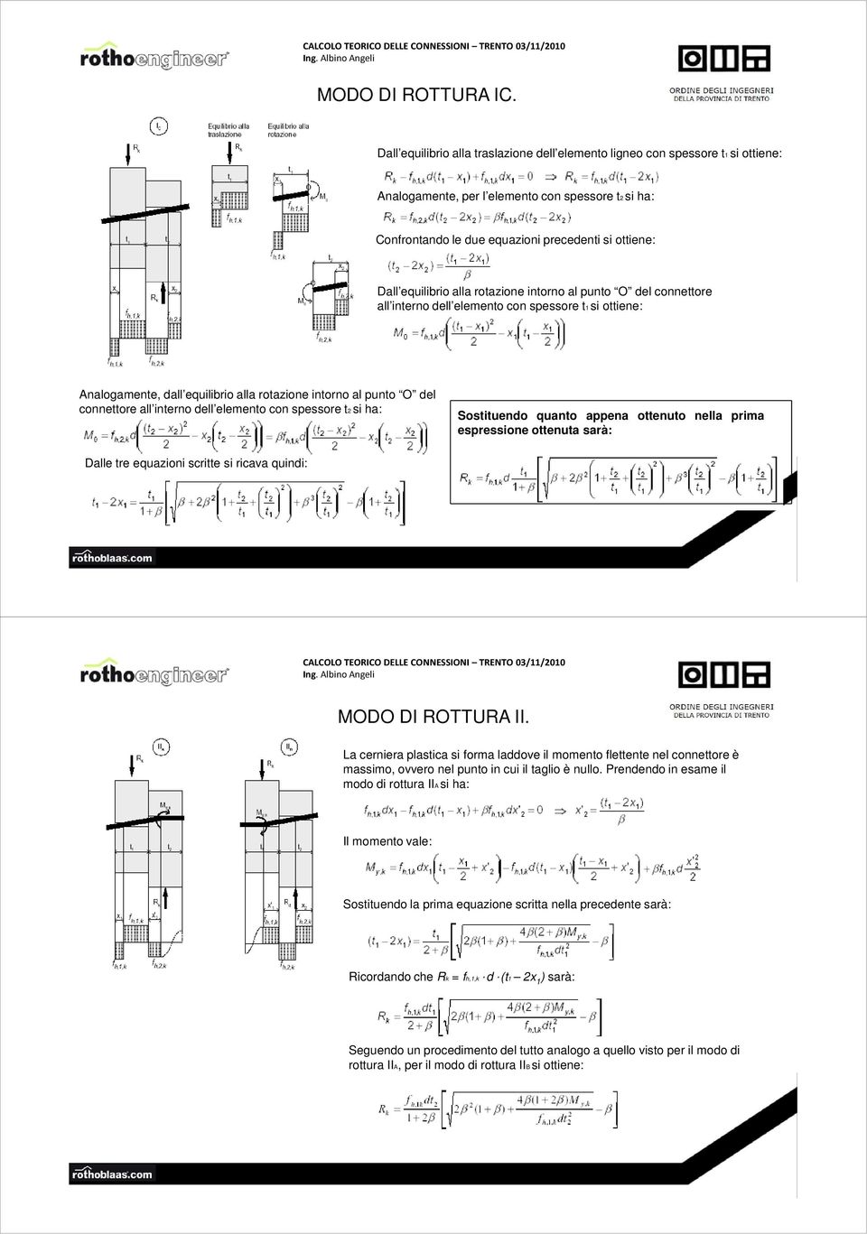 equilibrio alla rotazione intorno al punto O del connettore all interno dell elemento con spessore t1 si ottiene: Analogamente, dall equilibrio alla rotazione intorno al punto O del connettore all