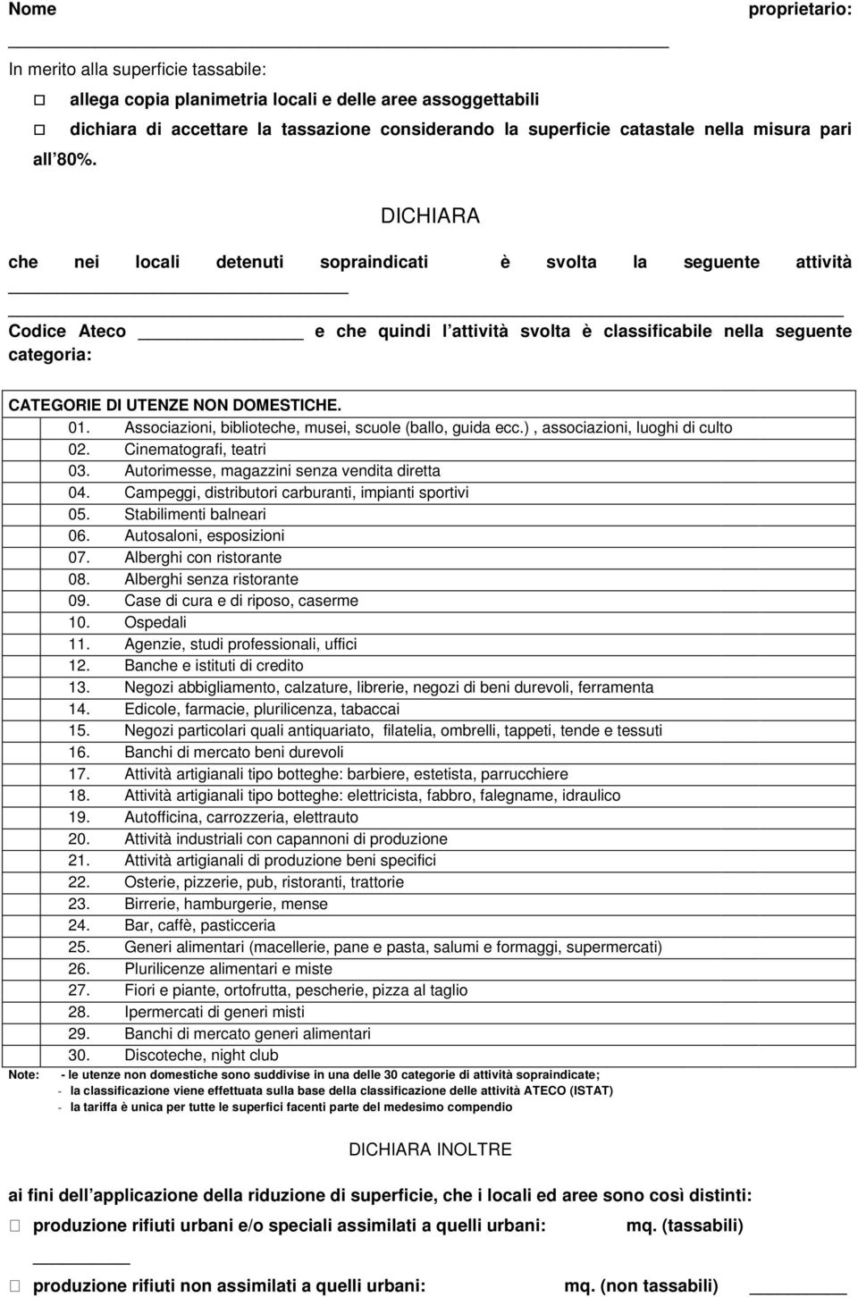 DICHIARA che nei locali detenuti sopraindicati è svolta la seguente attività Codice Ateco e che quindi l attività svolta è classificabile nella seguente categoria: CATEGORIE DI UTENZE NON DOMESTICHE.