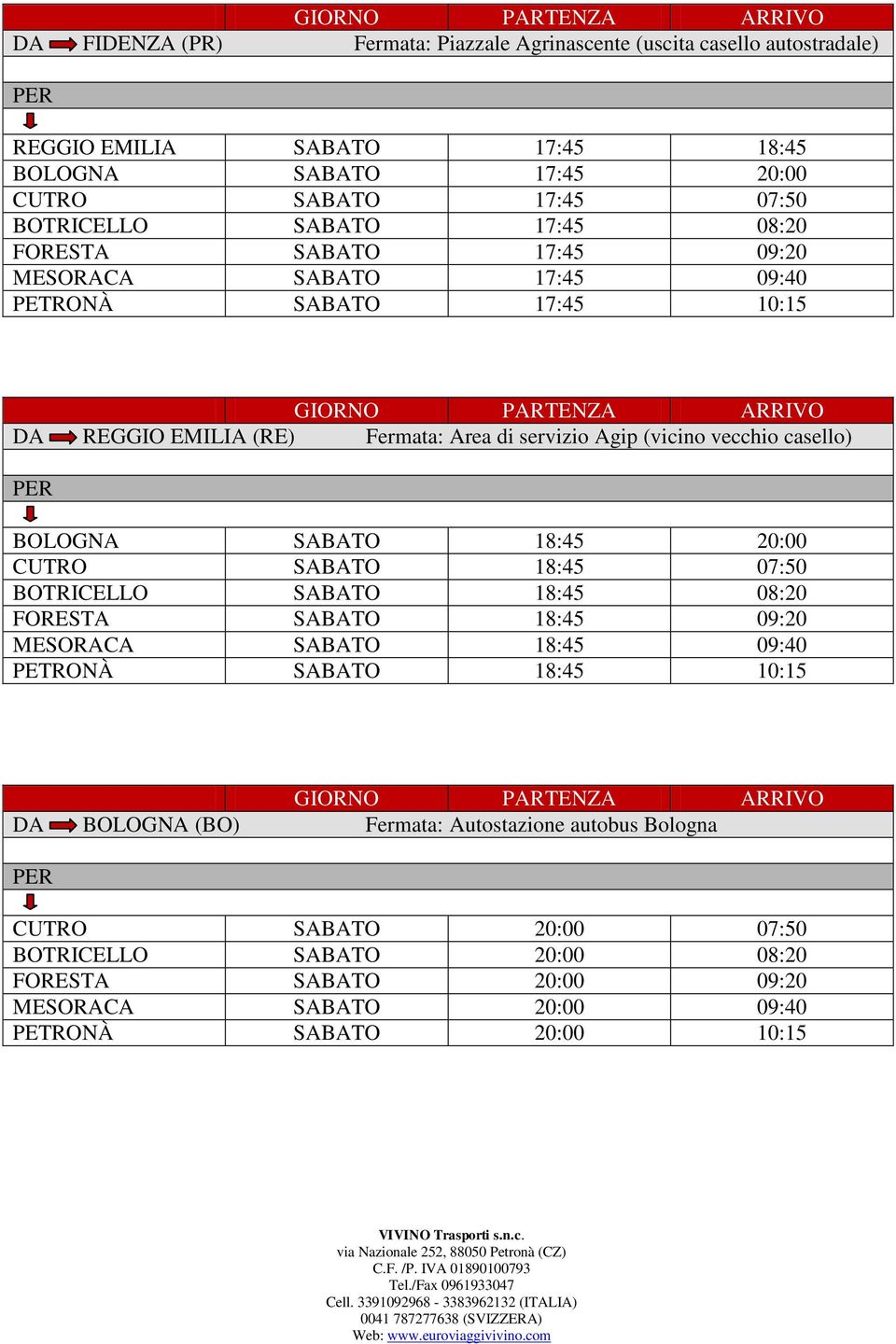 vecchio casello) BOLOGNA 18:45 20:00 CUTRO 18:45 07:50 BOTRICELLO 18:45 08:20 FORESTA 18:45 09:20 MESORACA 18:45 09:40 PETRONÀ 18:45 10:15 DA