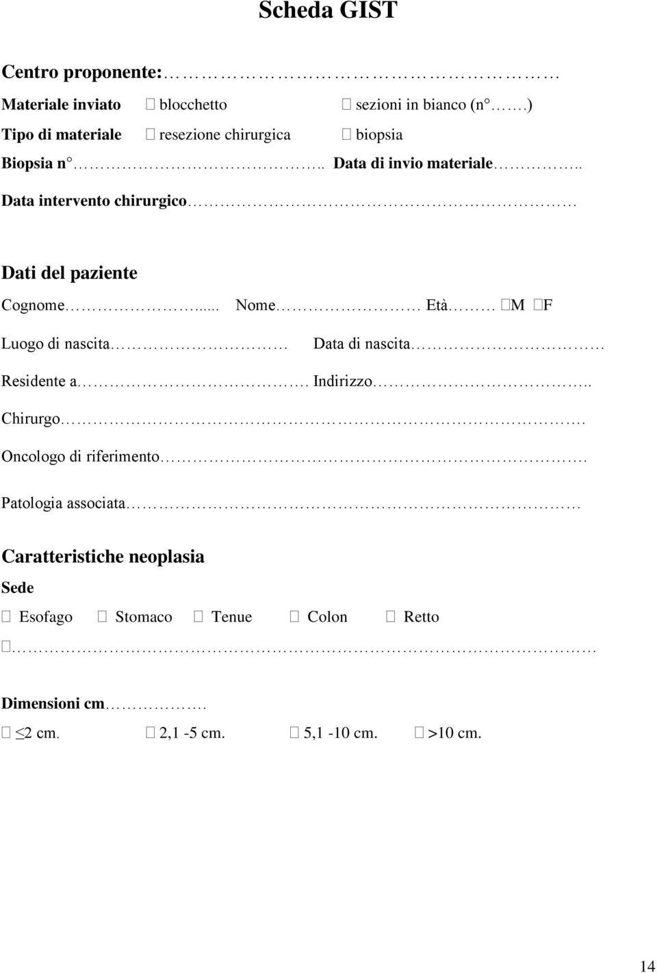 . Data intervento chirurgico Dati del paziente Cognome... Nome Età M F Luogo di nascita Data di nascita Residente a.