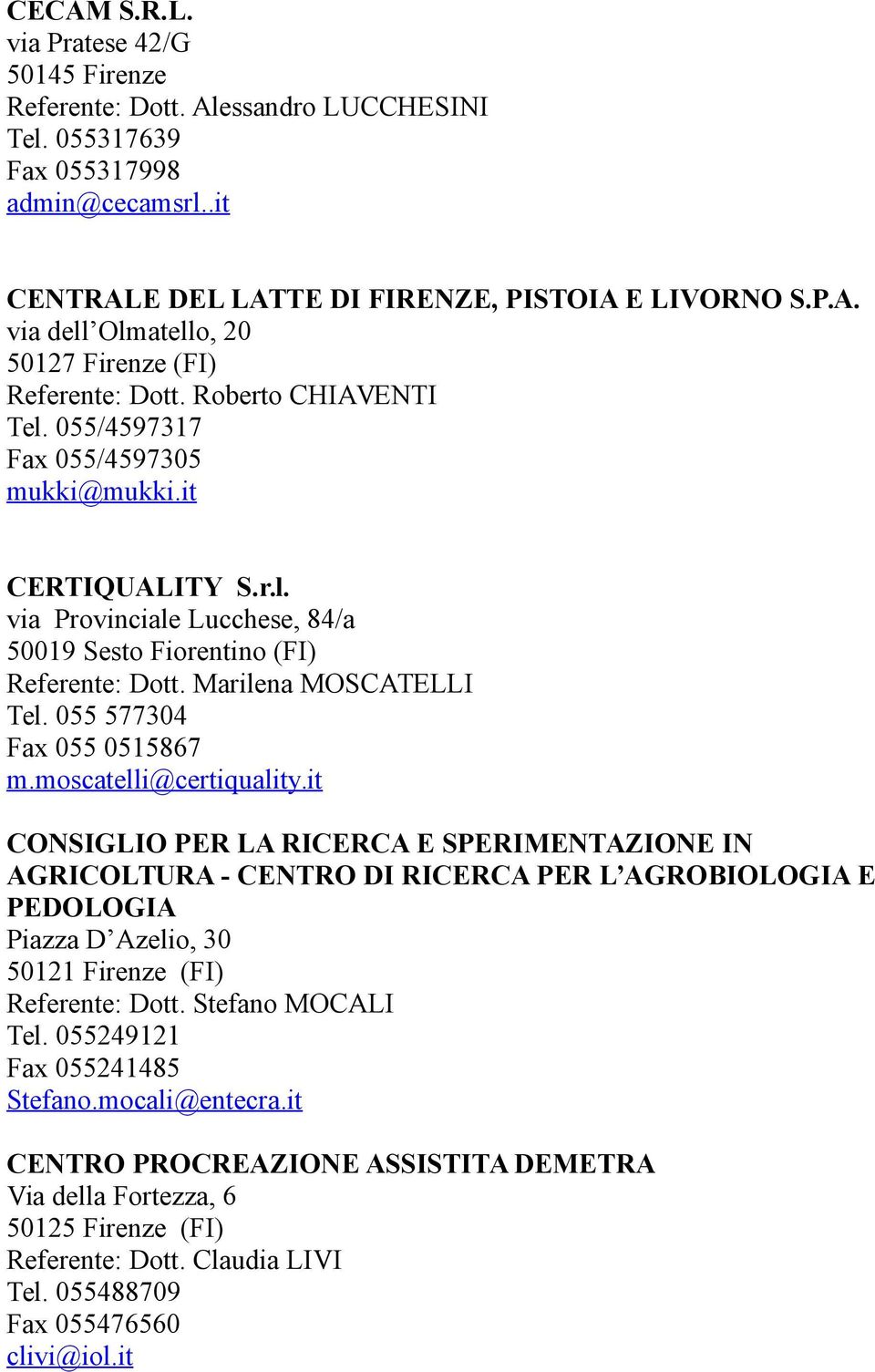 moscatelli@certiquality.it CONSIGLIO PER LA RICERCA E SPERIMENTAZIONE IN AGRICOLTURA - CENTRO DI RICERCA PER L AGROBIOLOGIA E PEDOLOGIA Piazza D Azelio, 30 50121 Firenze (FI) Referente: Dott.