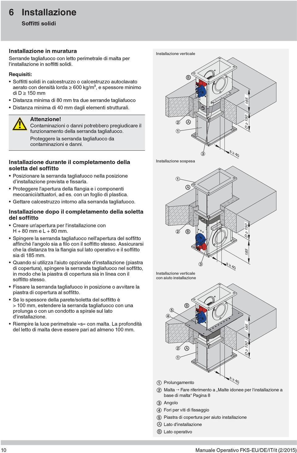 serrande tagliafuoco Distanza minima di 40 mm dagli elementi strutturali. 185 Contaminazioni o danni potrebbero pregiudicare il funzionamento della serranda tagliafuoco.