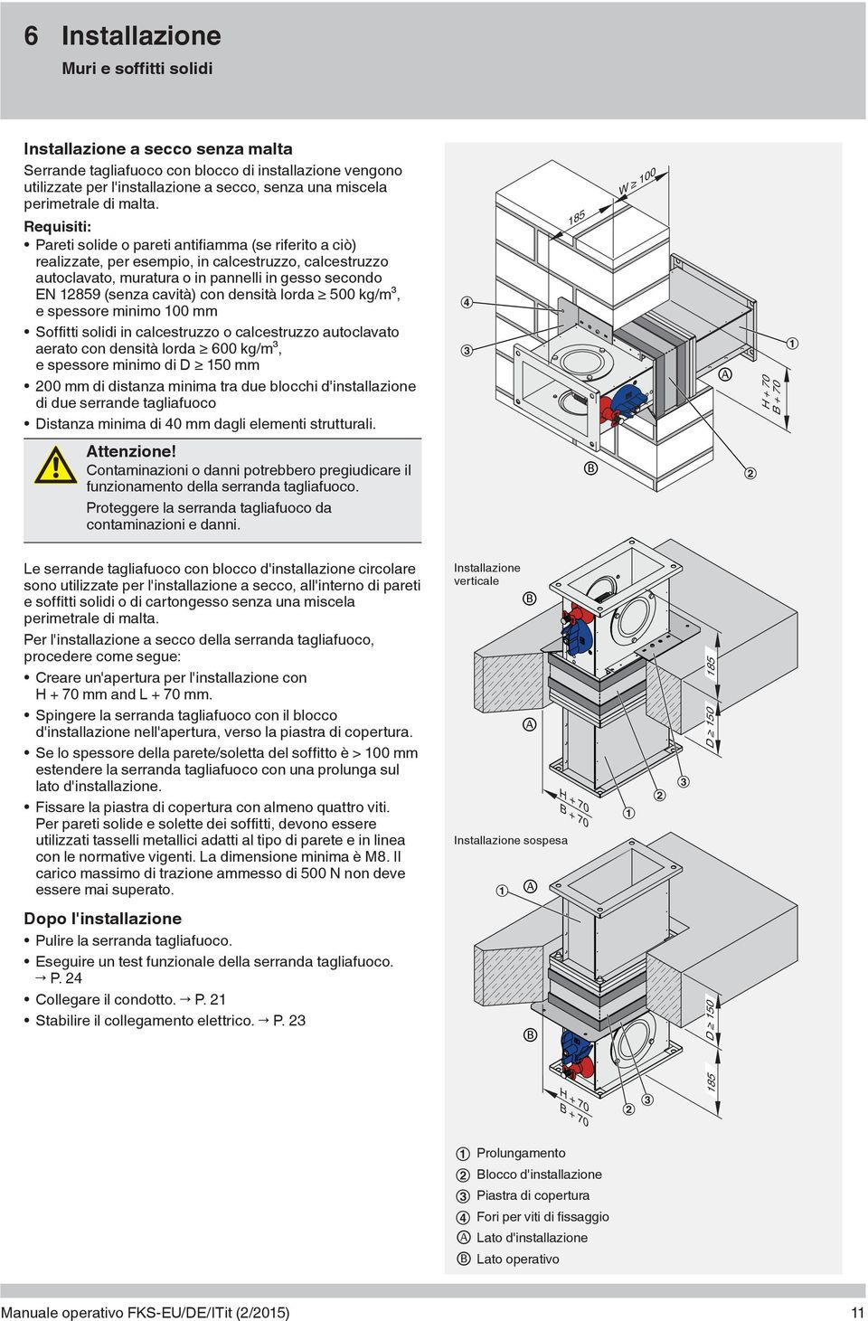 Requisiti: Pareti solide o pareti antifiamma (se riferito a ciò) realizzate, per esempio, in calcestruzzo, calcestruzzo autoclavato, muratura o in pannelli in gesso secondo EN 12859 (senza cavità)