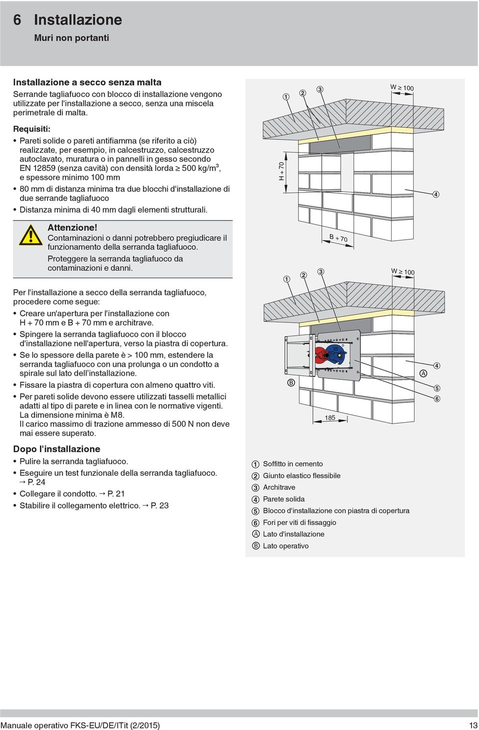 W 100 Requisiti: Pareti solide o pareti antifiamma (se riferito a ciò) realizzate, per esempio, in calcestruzzo, calcestruzzo autoclavato, muratura o in pannelli in gesso secondo EN 12859 (senza