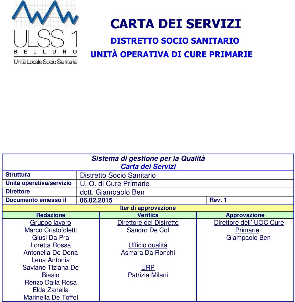 1 Iter di approvazione Redazione Verifica Approvazione Gruppo lavoro Marco Cristofoletti Giusi Da Pra Loretta Rossa Antonella De Donà Lena Antonia Saviane Tiziana