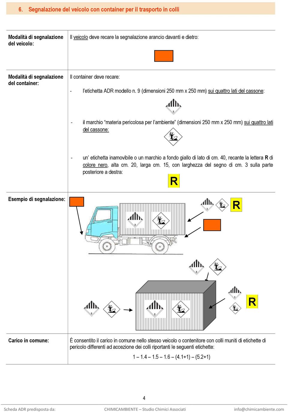 9 (dimensioni 250 mm x 250 mm) sui quattro lati del cassone: - il marchio materia pericolosa per l ambiente (dimensioni 250 mm x 250 mm) sui quattro lati del cassone: - un etichetta inamovibile o un