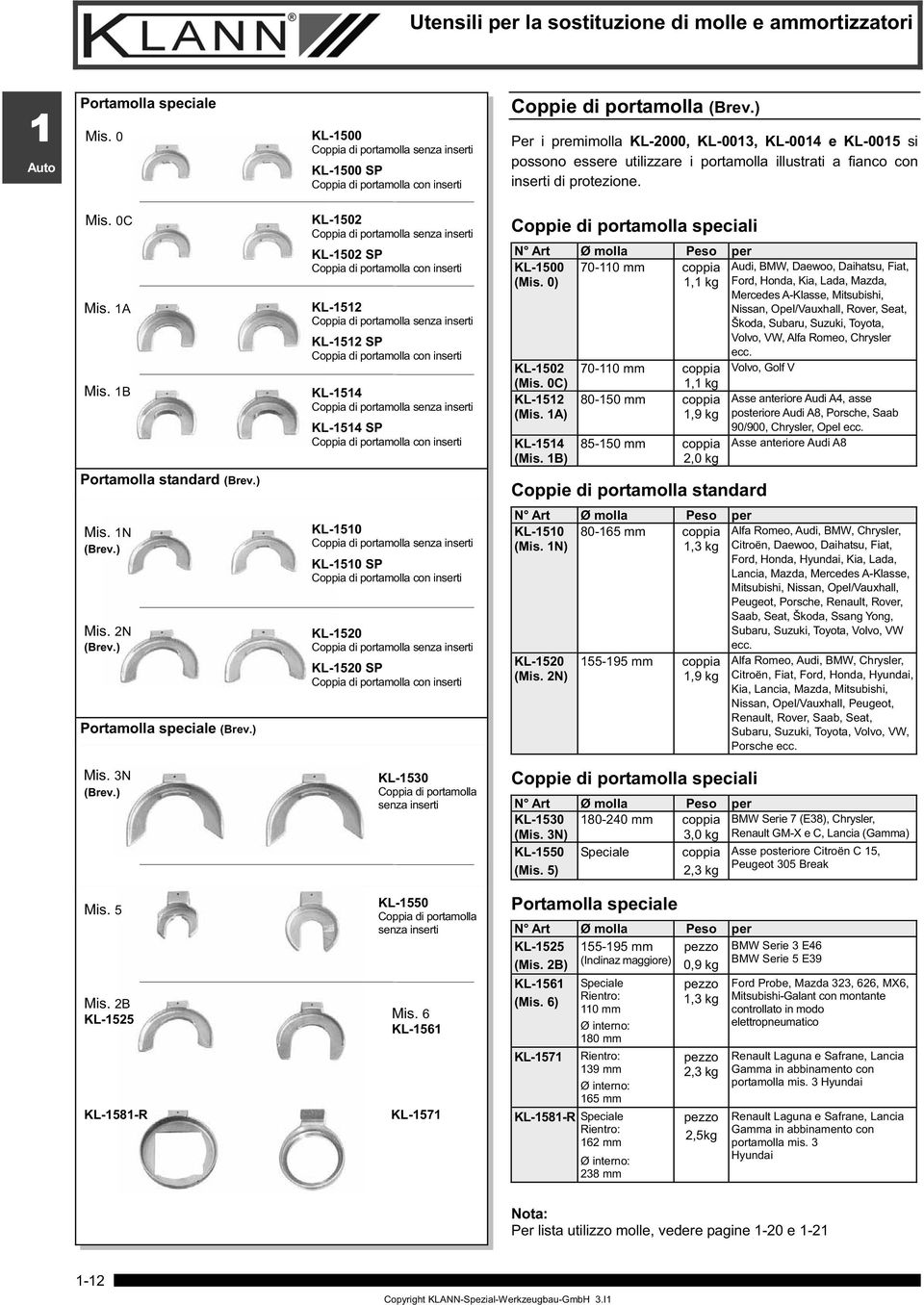 B KL-502 KL-502 SP Coppia di portamolla con inserti KL-52 KL-52 SP Coppia di portamolla con inserti KL-54 KL-54 SP Coppia di portamolla con inserti Coppie di portamolla speciali N Art Ø molla Peso