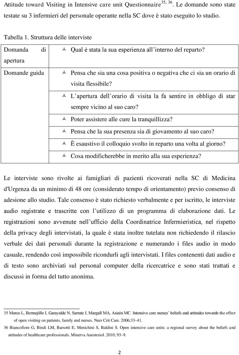 Domande guida Pensa che sia una cosa positiva o negativa che ci sia un orario di visita flessibile? L apertura dell orario di visita la fa sentire in obbligo di star sempre vicino al suo caro?