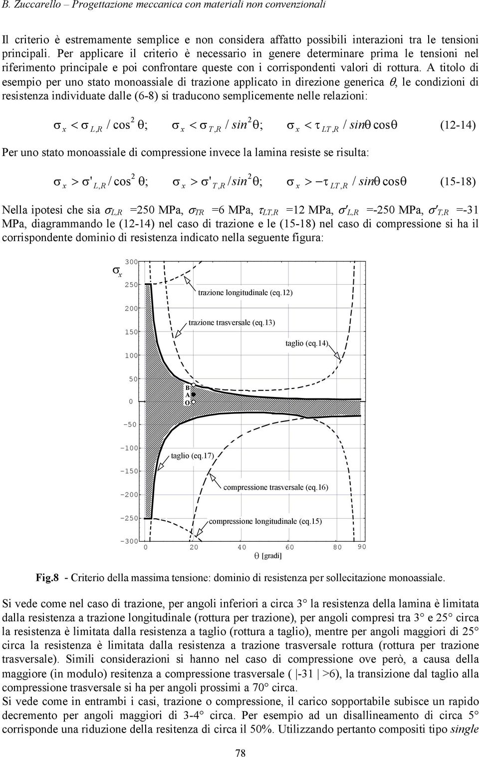 A titolo di esempio per uno stato monoassiale di trazione applicato in direzione generica le condizioni di resistenza individuate dalle (6-8) si traducono semplicemente nelle relazioni: < /cos ; < /