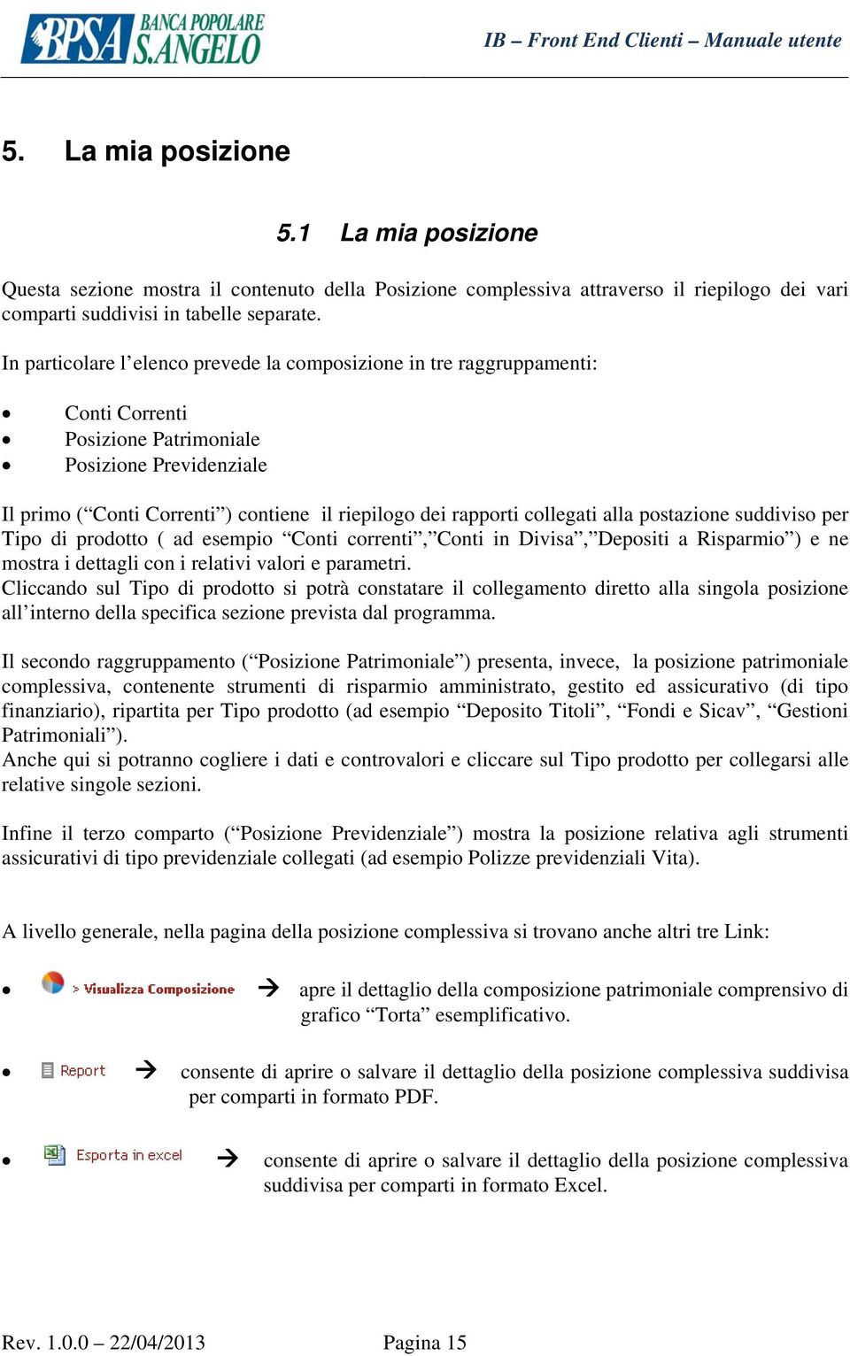 collegati alla postazione suddiviso per Tipo di prodotto ( ad esempio Conti correnti, Conti in Divisa, Depositi a Risparmio ) e ne mostra i dettagli con i relativi valori e parametri.