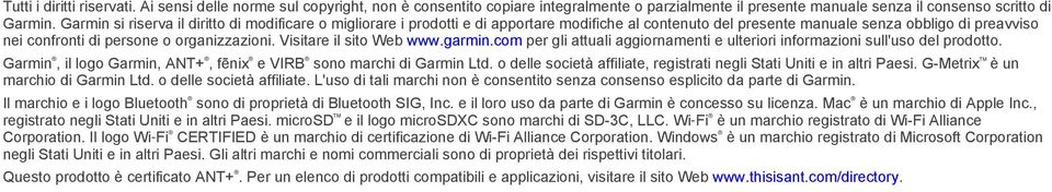 Visitare il sito Web www.garmin.com per gli attuali aggiornamenti e ulteriori informazioni sull'uso del prodotto. Garmin, il logo Garmin, ANT+, fēnix e VIRB sono marchi di Garmin Ltd.