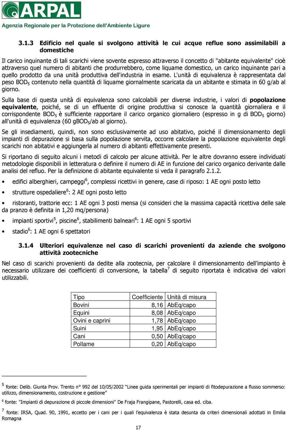 L'unità di equivalenza è rappresentata dal peso BOD 5 contenuto nella quantità di liquame giornalmente scaricata da un abitante e stimata in 60 g/ab al giorno.