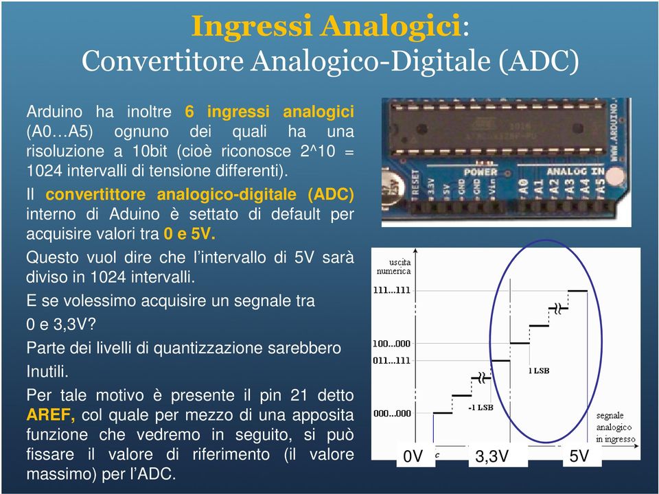 Questo vuol dire che l intervallo di 5V sarà diviso in 1024 intervalli. E se volessimo acquisire un segnale tra 0 e 3,3V? Parte dei livelli di quantizzazione sarebbero Inutili.