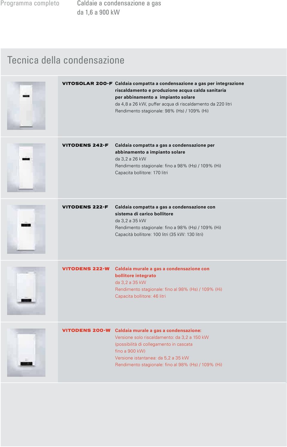 condensazione per abbinamento a impianto solare da 3,2 a 26 kw Rendimento stagionale: fino a 98% (Hs) / 109% (Hi) Capacita bollitore: 170 litri VITODENS 222-F Caldaia compatta a gas a condensazione