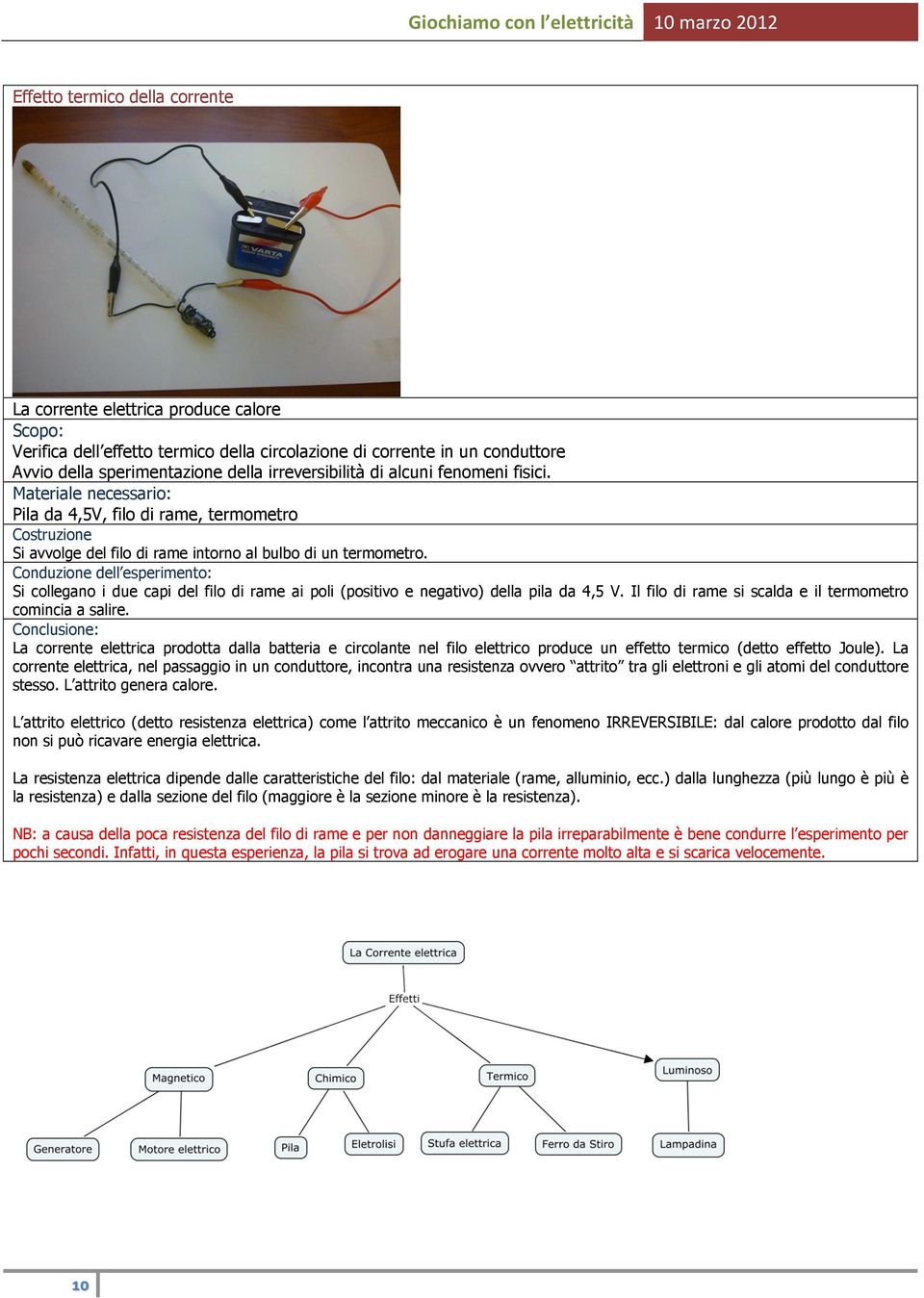 Si collegano i due capi del filo di rame ai poli (positivo e negativo) della pila da 4,5 V. Il filo di rame si scalda e il termometro comincia a salire.