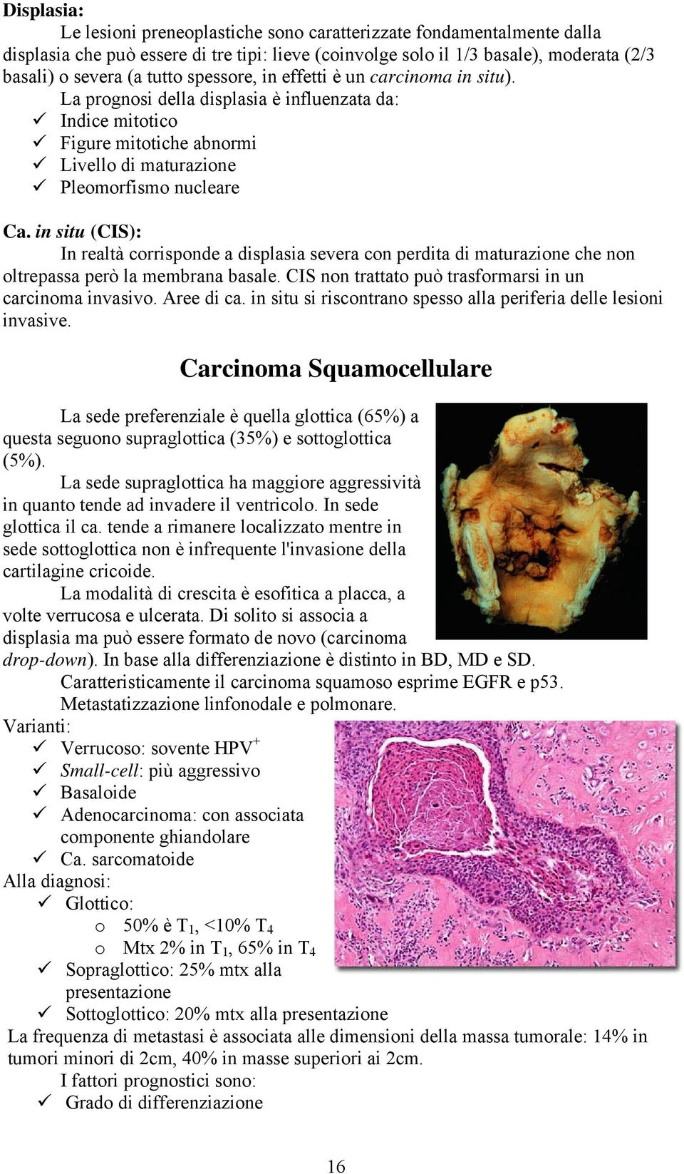 in situ (CIS): In realtà corrisponde a displasia severa con perdita di maturazione che non oltrepassa però la membrana basale. CIS non trattato può trasformarsi in un carcinoma invasivo. Aree di ca.