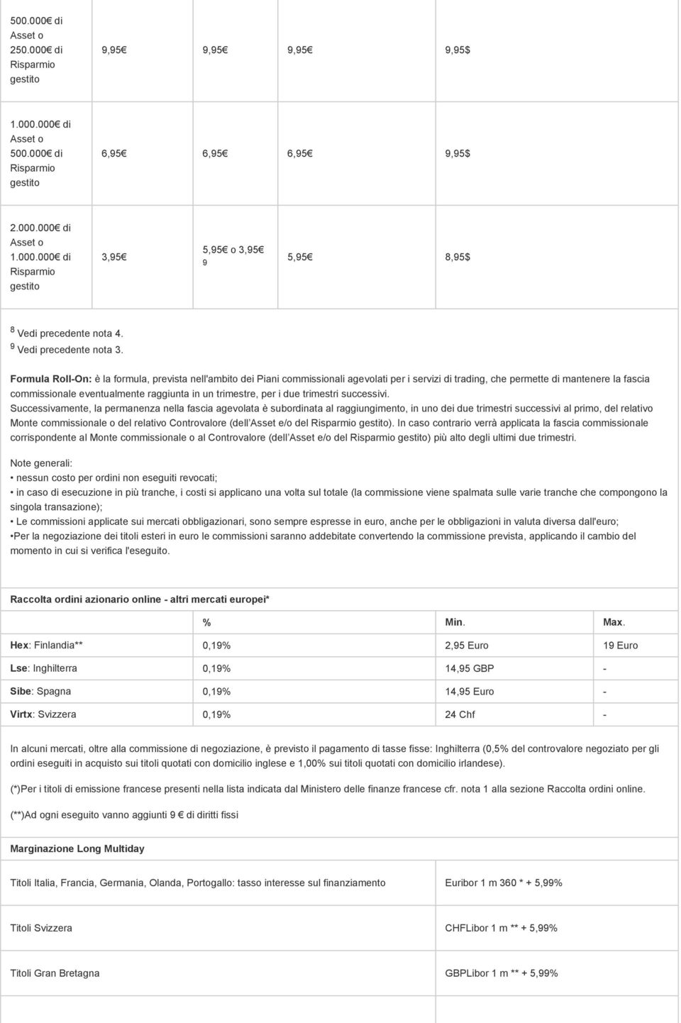 Formula Roll-On: è la formula, prevista nell'ambito dei Piani commissionali agevolati per i servizi di trading, che permette di mantenere la fascia commissionale eventualmente raggiunta in un