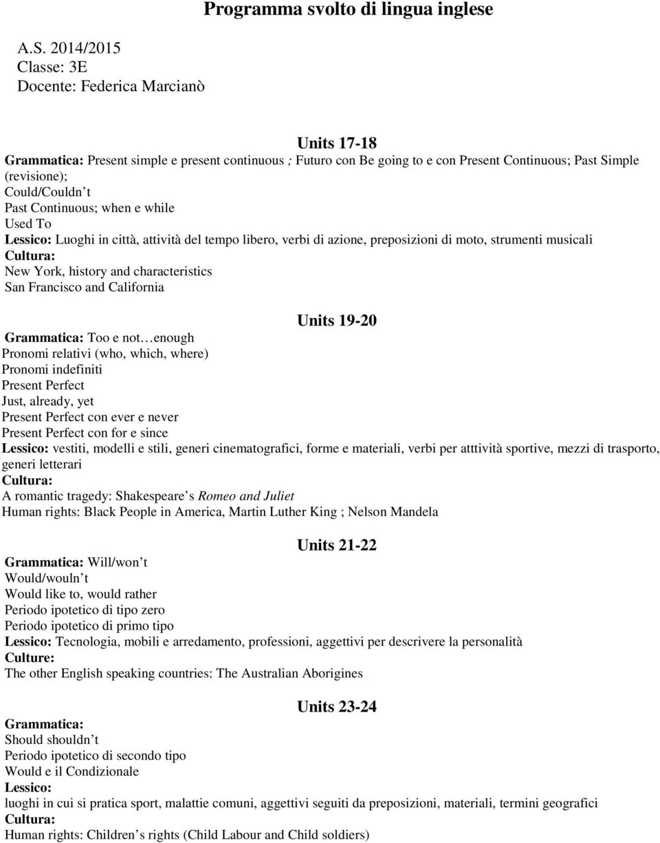 California Units 19-20 : Too e not enough Pronomi relativi (who, which, where) Pronomi indefiniti Present Perfect Just, already, yet Present Perfect con ever e never Present Perfect con for e since :