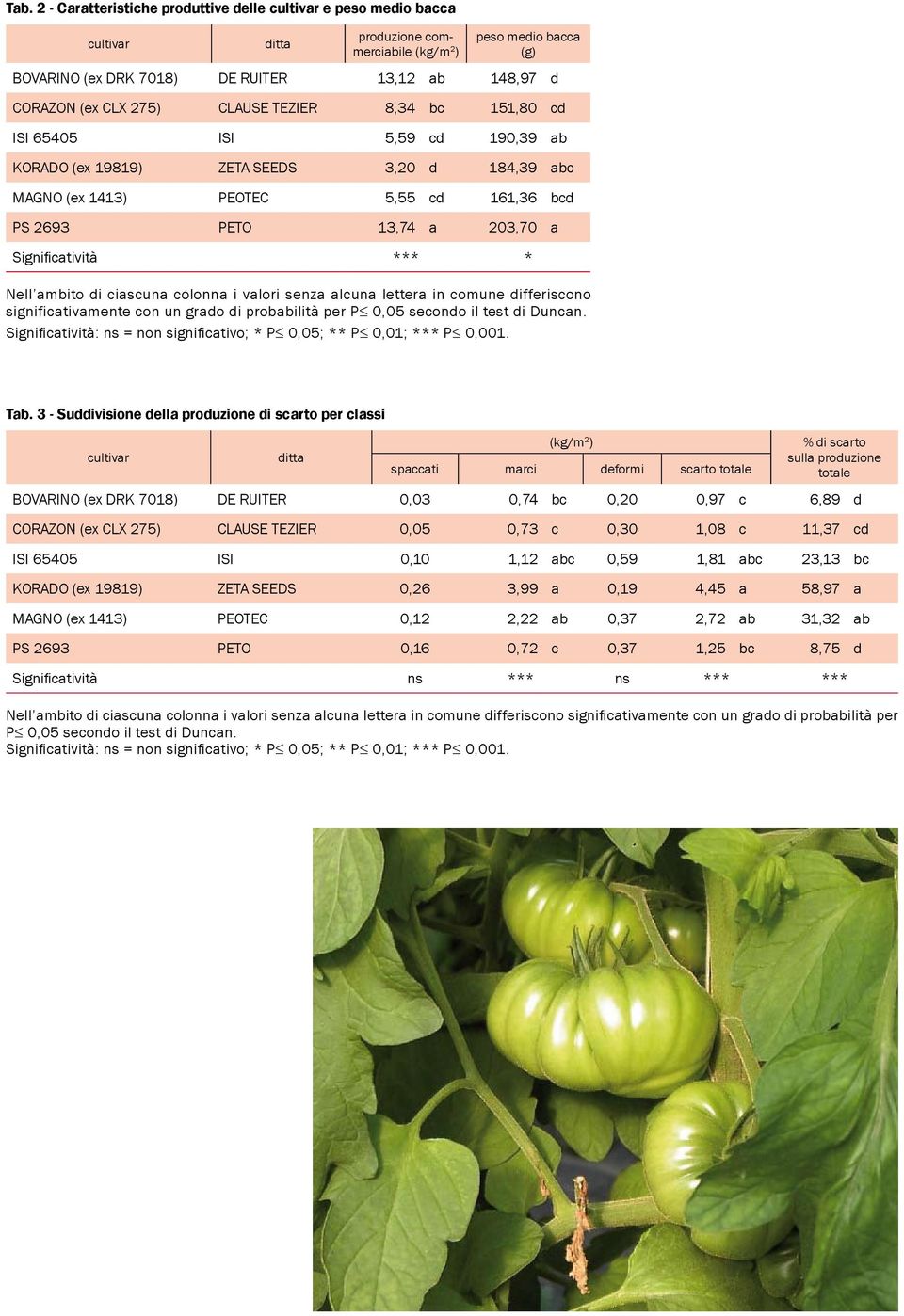 Nell ambito di ciascuna colonna i valori senza alcuna lettera in comune differiscono significativamente con un grado di probabilità per P 0,05 secondo il test di Duncan. Tab.