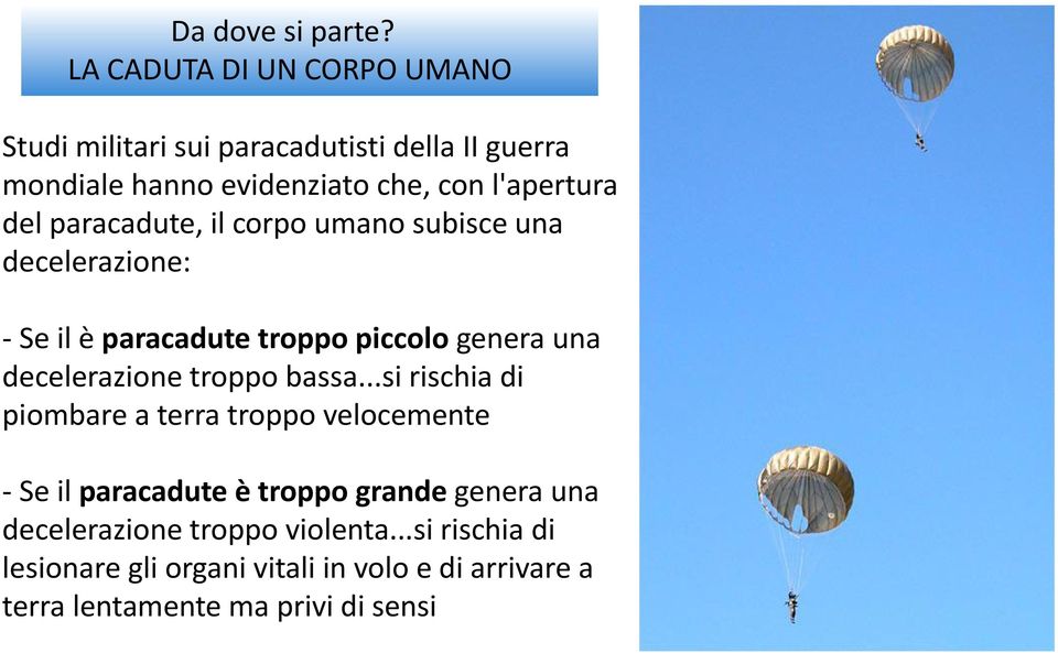 del paracadute, il corpo umano subisce una decelerazione: - Se il è paracadute troppo piccolo genera una decelerazione troppo