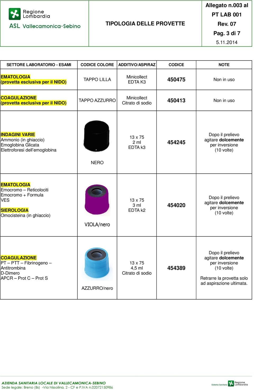 Reticolociti Emocromo + Formula VES SIEROLOGIA Omocisteina (in ghiaccio) 3 ml EDTA k2 454020 VIOLA/nero PT PTT Fibrinogeno