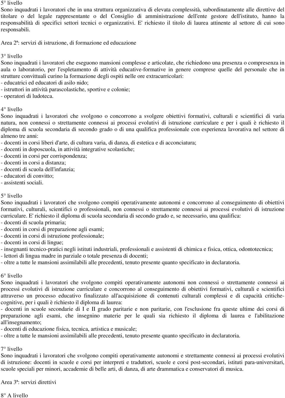 Area 2ª: servizi di istruzione, di formazione ed educazione 3 livello Sono inquadrati i lavoratori che eseguono mansioni complesse e articolate, che richiedono una presenza o compresenza in aula o