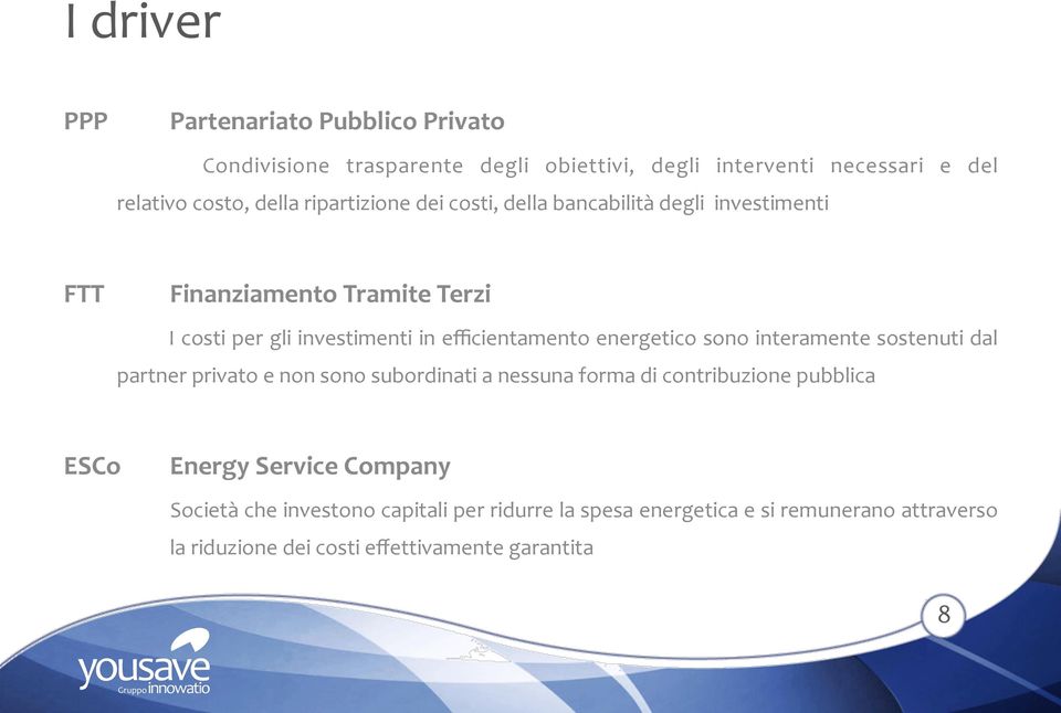 energetico sono interamente sostenuti dal partner privato e non sono subordinati a nessuna forma di contribuzione pubblica ESCo Energy Service