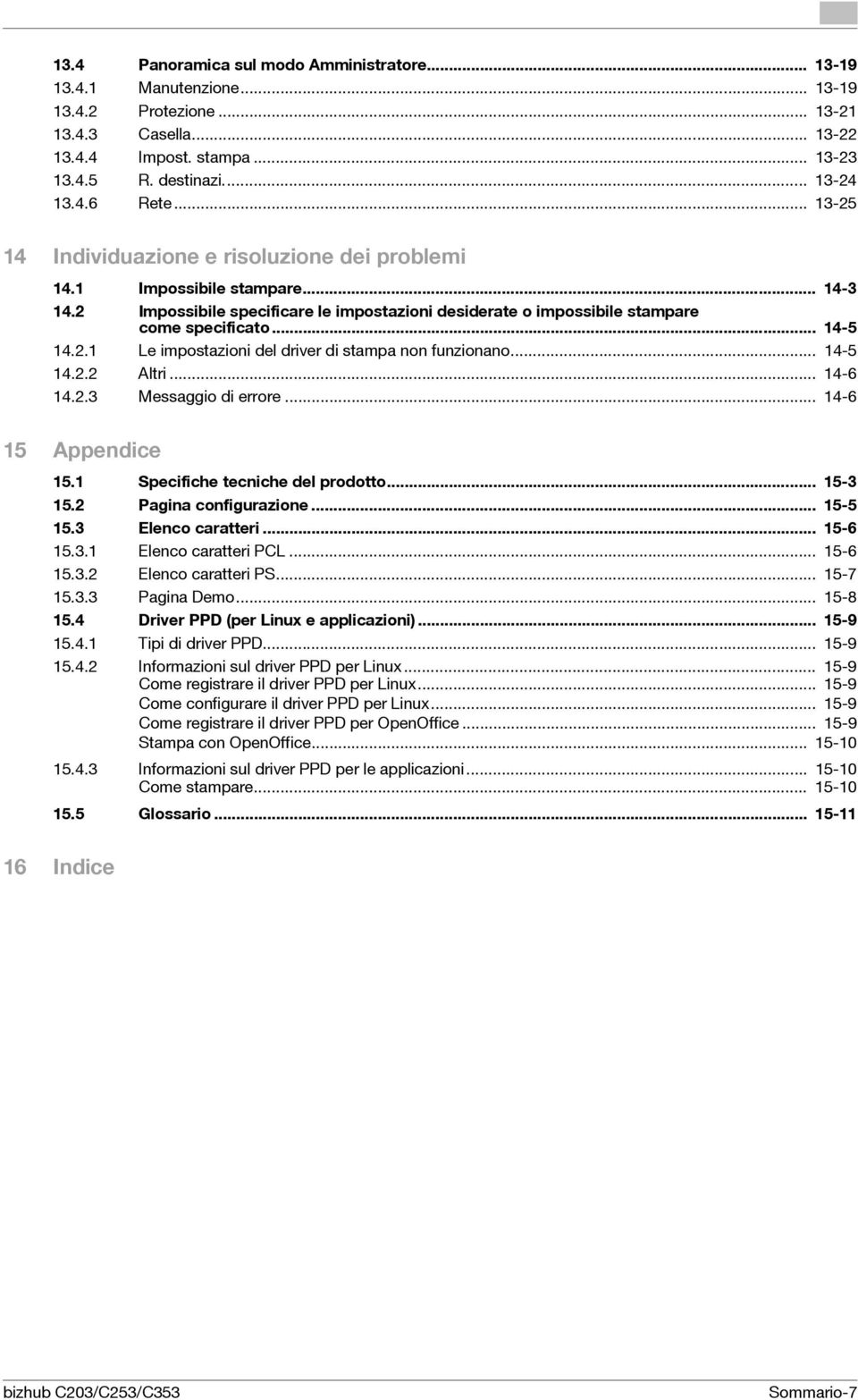 .. 14-5 14.2.2 Altri... 14-6 14.2.3 Messaggio di errore... 14-6 15 Appendice 15.1 Specifiche tecniche del prodotto... 15-3 15.2 Pagina configurazione... 15-5 15.3 Elenco caratteri... 15-6 15.3.1 Elenco caratteri PCL.