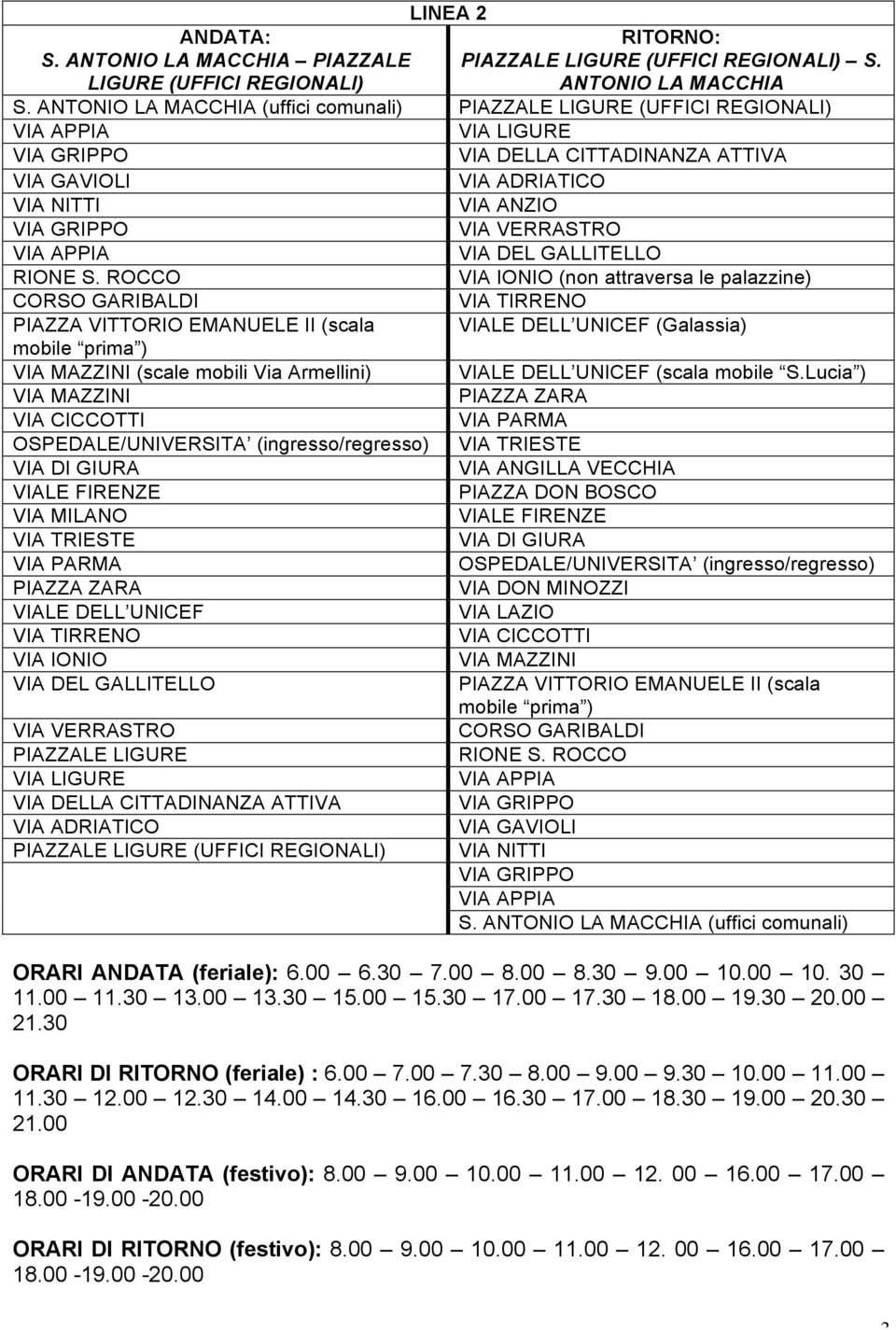 IONIO (non attraversa le palazzine) CORSO GARIBALDI VIA TIRRENO PIAZZA VITTORIO EMANUELE II (scala VIALE DELL UNICEF (Galassia) mobile prima ) VIA MAZZINI (scale mobili Via Armellini) VIALE DELL