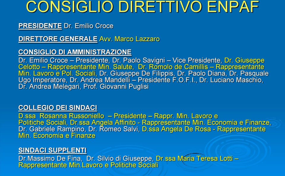 Andrea Mandelli Presidente F.O.F.I., Dr. Luciano Maschio, Dr. Andrea Melegari, Prof. Giovanni Puglisi COLLEGIO DEI SINDACI D.ssa Rosanna Russoniello Presidente Rappr. Min.