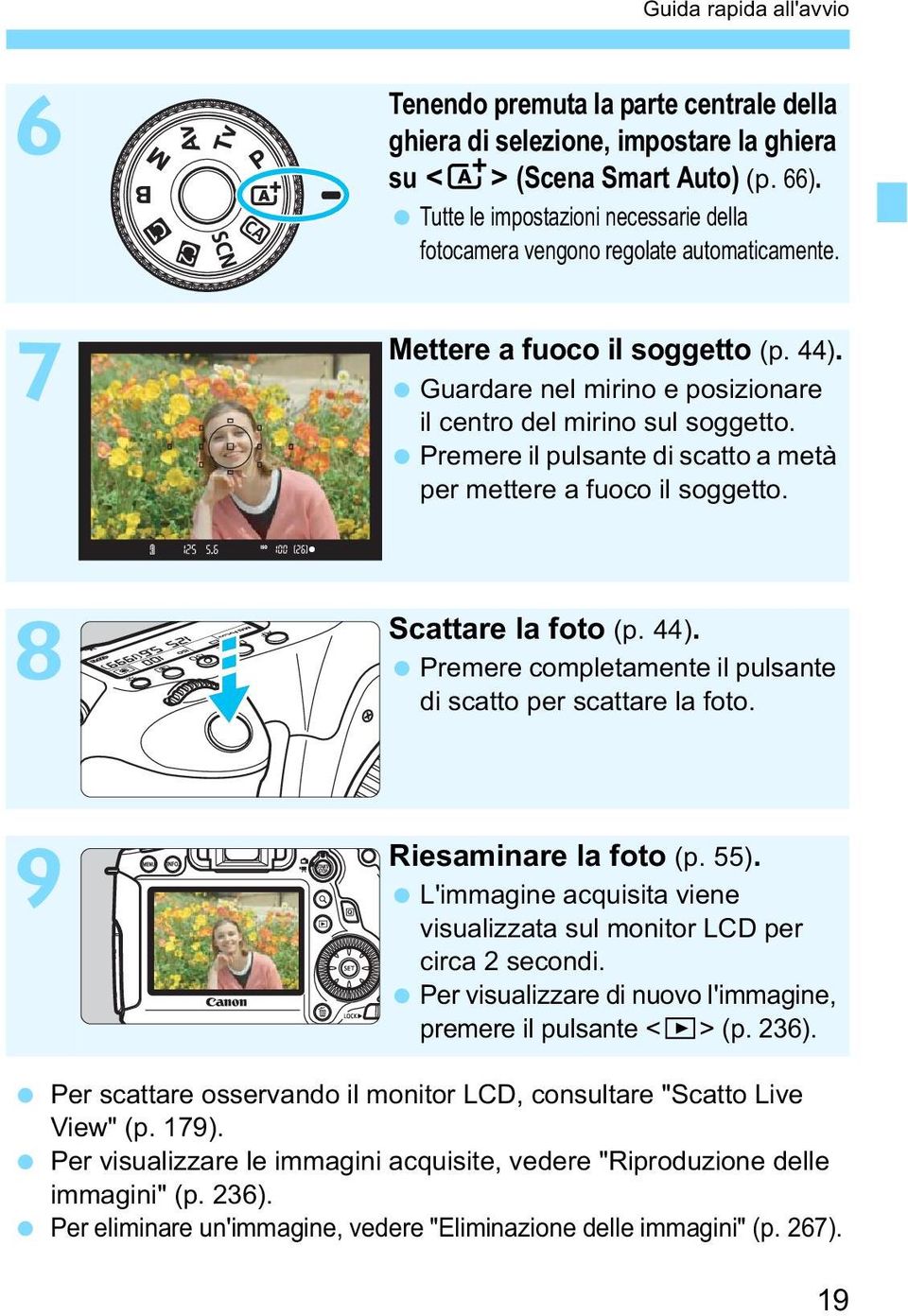 Premere il pulsante di scatto a metà per mettere a fuoco il soggetto. Scattare la foto (p. 44). Premere completamente il pulsante di scatto per scattare la foto. Riesaminare la foto (p. 55).