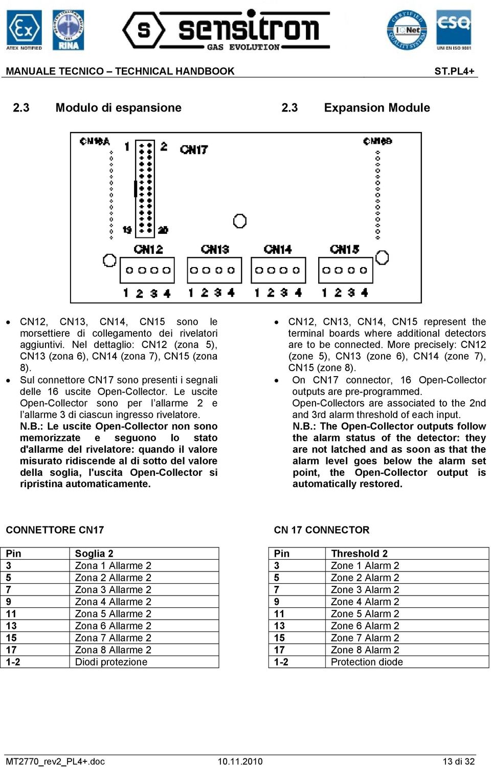 Le uscite Open-Collector sono per l allarme 2 e l allarme 3 di ciascun ingresso rivelatore. N.B.