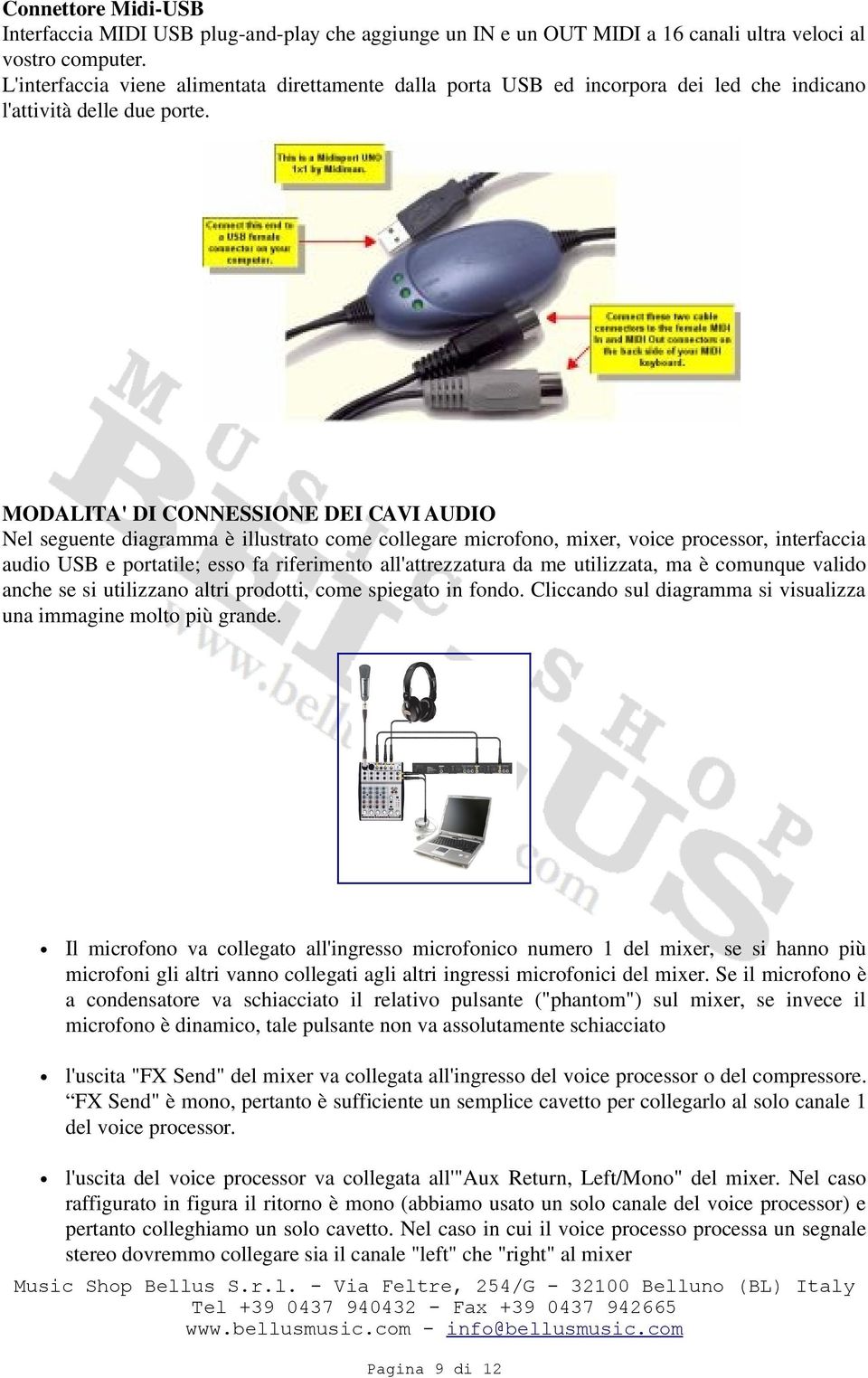 MODALITA' DI CONNESSIONE DEI CAVI AUDIO Nel seguente diagramma è illustrato come collegare microfono, mixer, voice processor, interfaccia audio USB e portatile; esso fa riferimento all'attrezzatura