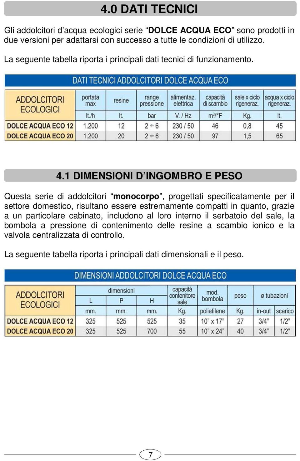 1 DIMENSIONI D INGOMBRO E PESO Questa serie di addolcitori monocorpo, progettati specificatamente per il settore domestico, risultano essere estremamente compatti in