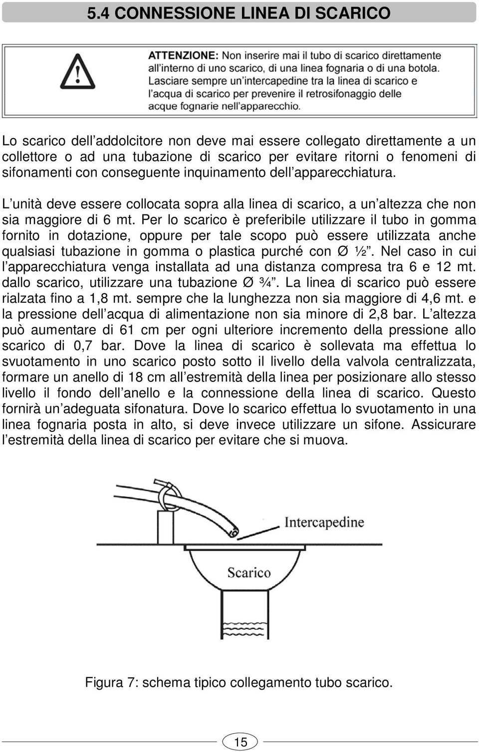 Per lo scarico è preferibile utilizzare il tubo in gomma fornito in dotazione, oppure per tale scopo può essere utilizzata anche qualsiasi tubazione in gomma o plastica purché con Ø ½.