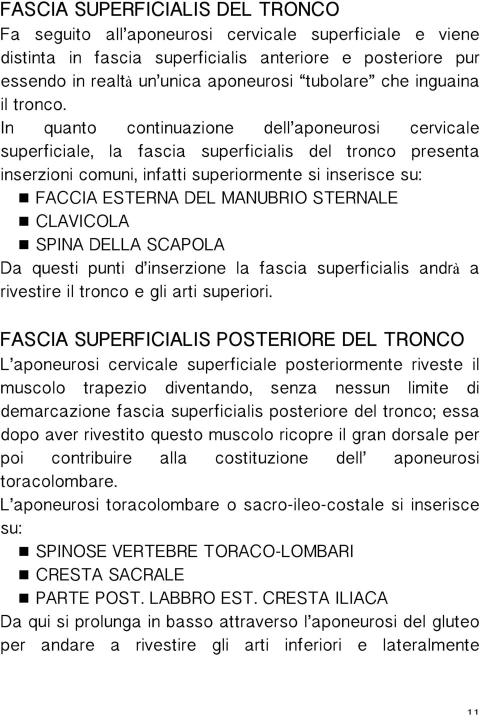 In quanto continuazione dell aponeurosi cervicale superficiale, la fascia superficialis del tronco presenta inserzioni comuni, infatti superiormente si inserisce su: n FACCIA ESTERNA DEL MANUBRIO