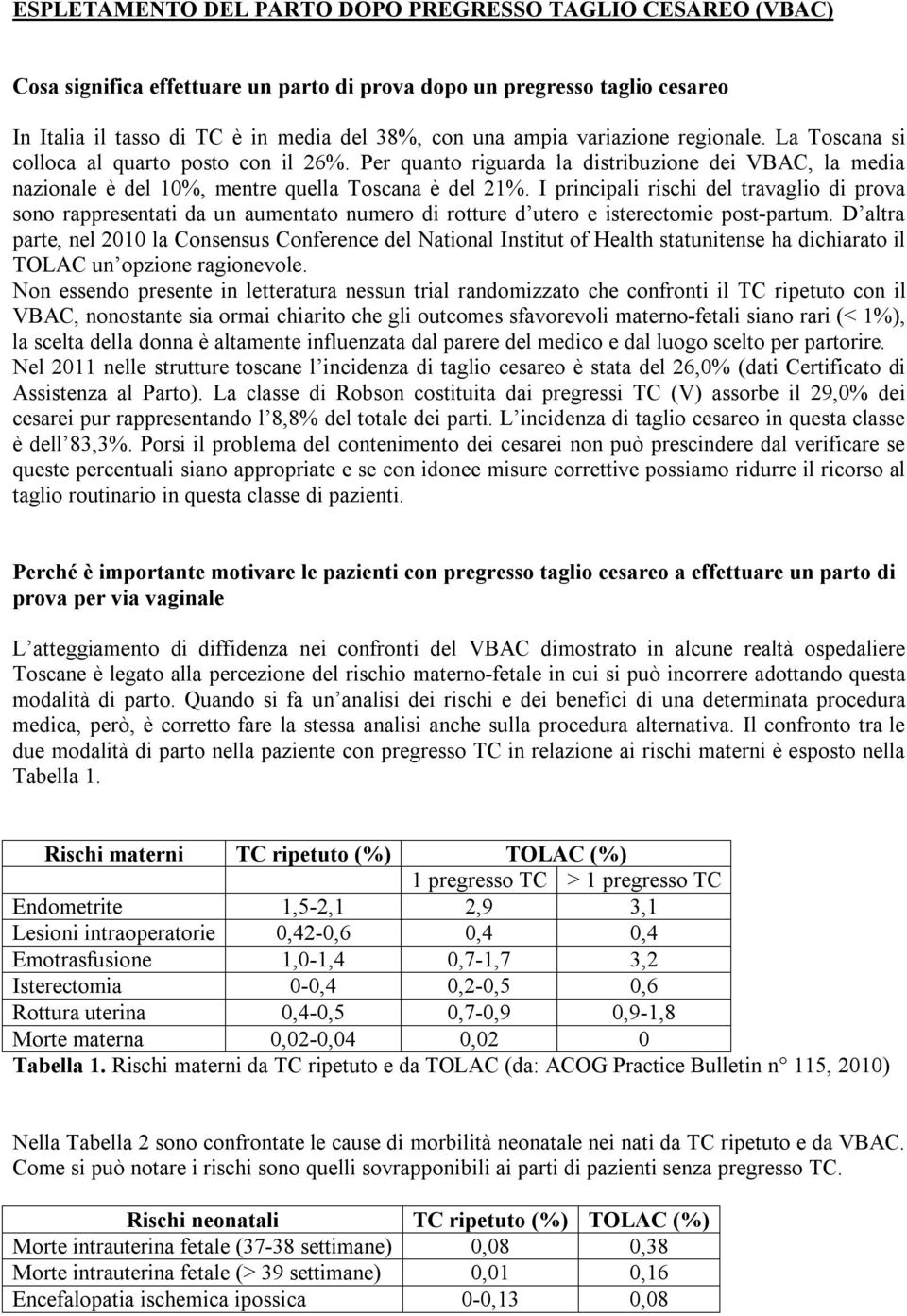 I principali rischi del travaglio di prova sono rappresentati da un aumentato numero di rotture d utero e isterectomie post-partum.