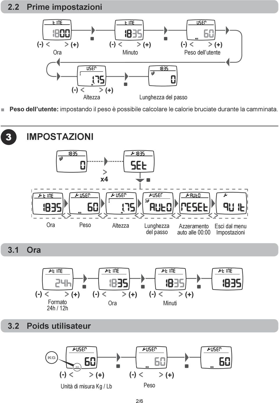 3 IMPOSTAZIONI x4 Ora Peso Altezza Lunghezza del passo Azzeramento auto alle 00:00 Esci dal