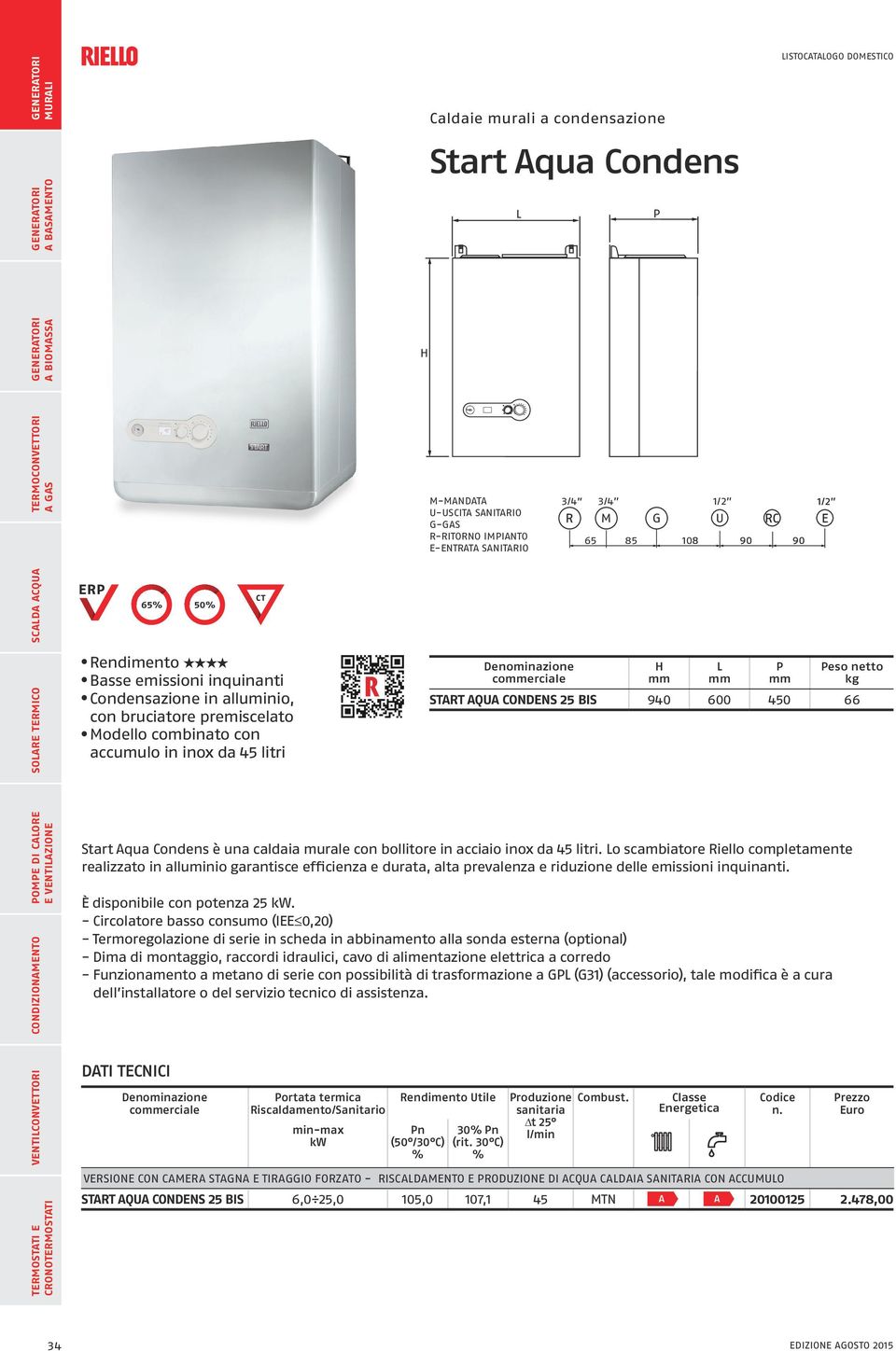 eso netto kg START AQUA CONDENS 25 BIS 940 600 450 66 Start Aqua Condens è una caldaia murale con bollitore in acciaio inox da 45 litri.