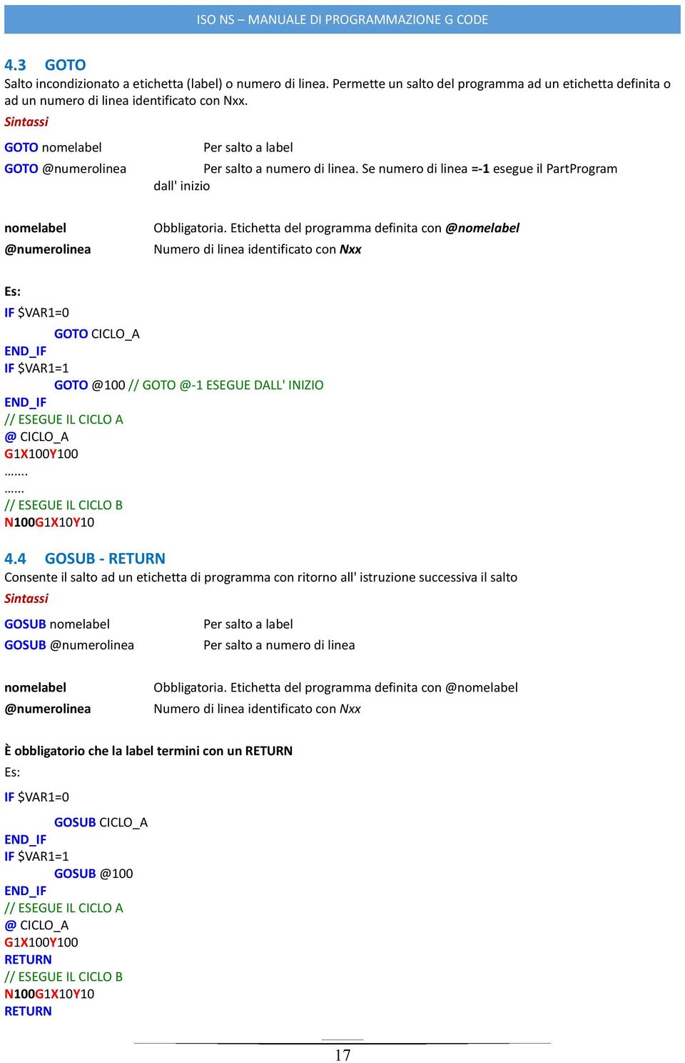 Etichetta del programma definita con @nomelabel Numero di linea identificato con Nxx IF $VAR1=0 GOTO CICLO_A END_IF IF $VAR1=1 GOTO @100 // GOTO @-1 ESEGUE DALL' INIZIO END_IF // ESEGUE IL CICLO A @