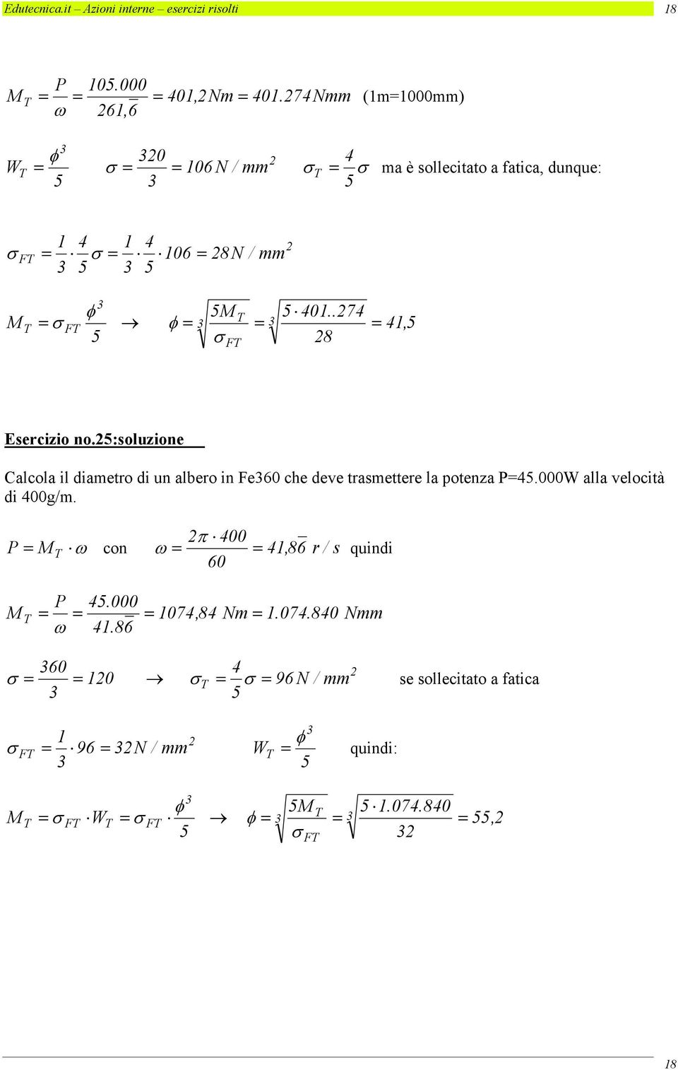 .7 σ F φ σ F 8 1, Esercizio no.:soluzione Calcola il diametro di un albero in Fe0 che deve trasmettere la potenza P.